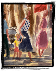 watercolor woman walking with a child