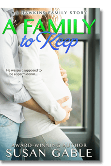 A Family to Keep cover - hero stands behind heroine, hands wrpped tenderly over her pregnant belly