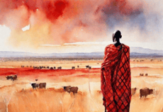 a man in a red dress standing in a field