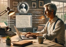 Biographer using AI writing tools on his laptop