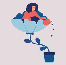 a woman in a flower is watering herself with a watering can
