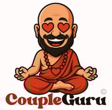 Official logo of coupleguru.com, a guru with a beard and beats smiling with heart eyes meditating.