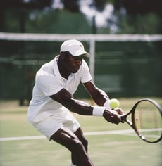 a man in a white shirt and white tennis racket