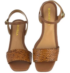 Sandália Feminina Salto Bloco Donatella Shoes Bico Quadrado Trança Adulto Confortável - Caramelo