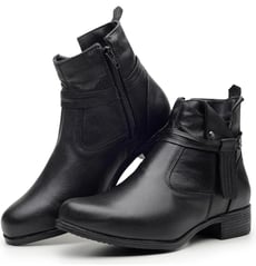 Bota Feminina Coturno em Couro Legítimo Cano Curto com Ziper Confortável - Preto