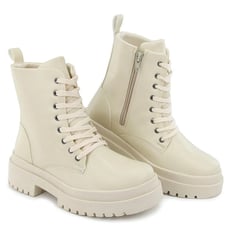 Coturno Feminino Bota Tratorado Cano Curto Cadarço Casual - Off White