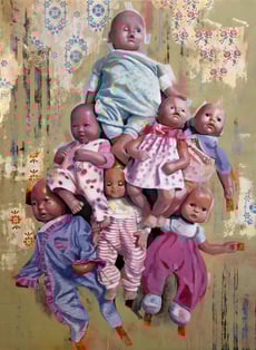Plaything by C Gallagher; collection of dolls; background of fragments of vintage wallpaper designs.