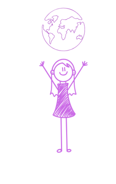 Female stick figure wearing a dress with her hands in the air and earth above her.