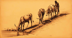 a man with cows at a waterhole