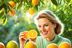 a woman holding a slice of oranges in front of a bunch of oranges