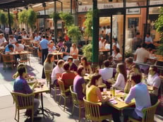 A marketplace set in an urban courtyard surrounded by old buildings with visible signs of wear. Stalls line the sides, displaying various goods such as clothing and accessories. A covering of snow is visible on the ground and stalls. A parked car is near the center, and several people are present, suggesting a bustling environment.