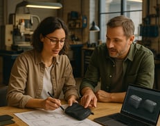 a man and woman sitting at a table with a laptop