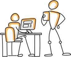 Stick figures one at a desk working while another stands near by