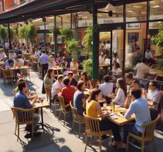 A marketplace set in an urban courtyard surrounded by old buildings with visible signs of wear. Stalls line the sides, displaying various goods such as clothing and accessories. A covering of snow is visible on the ground and stalls. A parked car is near the center, and several people are present, suggesting a bustling environment.