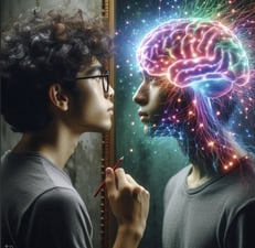 Personne qui decouvre son fonctionnement cérébral en se regardant dans un mirroir