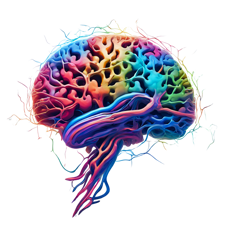 Imagem artística de cérebro humano com cores vibrantes,destacando conexões e rede neural complexa.
