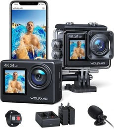 WOLFANG Cámara Deportiva GA200 4K 24MP Doble Pantalla WiFi Cámara de Video