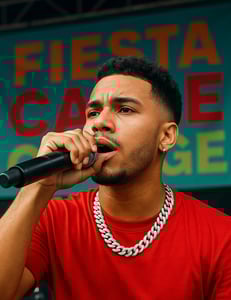 a man in a red shirt is holding a microphone