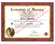 Certificate of Ministry for Elvi Morris