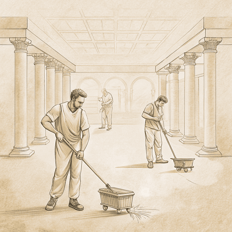 a man sweeping a floor with a mop