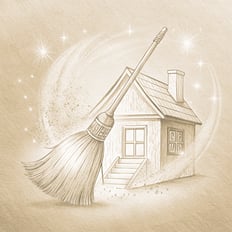 a broom with a house in background