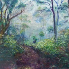 A painting shows a winding pathway covered in leaves set amongst tall wispy trees on a foggy day
