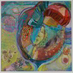 This very abstract painting looks like a seed pod with orange and blue colours