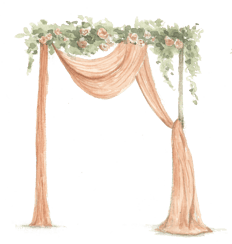 wedding altar with flowers and orange drape curtain