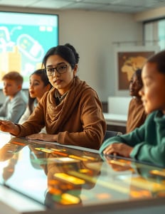 o profesoară care indică revoluția educației în timp ce inteligența artificială se îmbunătățește