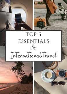 top 5 essentials for travel including travel pillow, portable charger, packing cubes, luggage