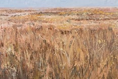 Close-up of textured acrylic painting with soft brown grasses and sparse dark plants under a pale blue sky.