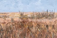 Close-up of textured acrylic painting showing layered brushstrokes of warm brown and beige grasses in a field.