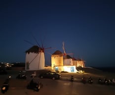 The famous windmills of Mykonos at night