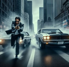 A detective running with his gun drawn being chased by 2 muscle cars