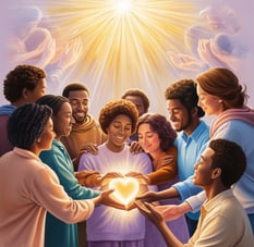a group of people holding hands in front of a heart