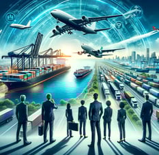 a group of supply chain consultants standing in front of supply chain & logistics landscape