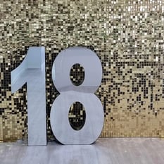 18 mirror infinity marquee number before turning on against gold shimmer wall in Redlands.