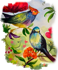 a painting of two birds sitting on a branch