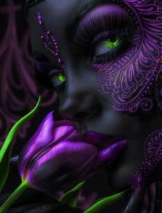 a woman with green eyes and purple makeup and a purple mask