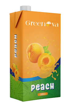 Greenova peach juice a box of peach juice with a peach on the side