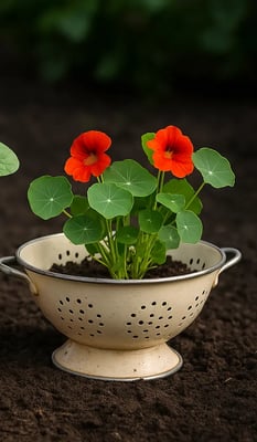 Pot de fleurs DIY fabriqué à partir d’une passoire en métal, contenant des capucines