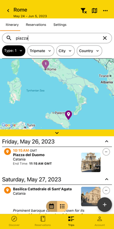 itinerary view with map and search/filter activated