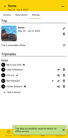 screen showing where to activate offline mode in trip settings