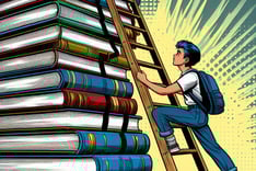 garoto subindo escada apoiada em livros
