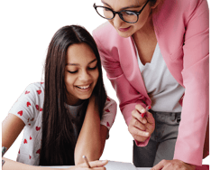 "Female teacher helping a young girl student with her studies."