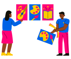 Grafik på en POC kvinna och man som sätter upp färgglada bilder på musik, målning och böcker