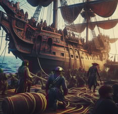 A galleon being boarded by pirates