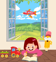 a girl is writing a book in a room with a window and a toy car