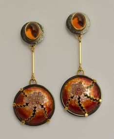 Cloisonné Earrings in oxidized silver, 22k, 24k, and 18k gold with Citrines