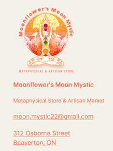 Logo and contact information for, Moonflower’s Moon Mystic Metaphysical Store & Artisan Market